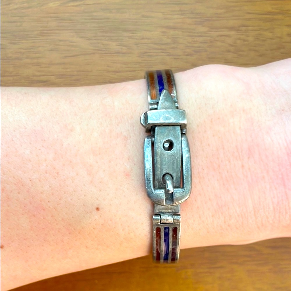 1970s Gucci Vintage Italian Sterling 925 Silver & Enamel Belt Cuff Bracelet